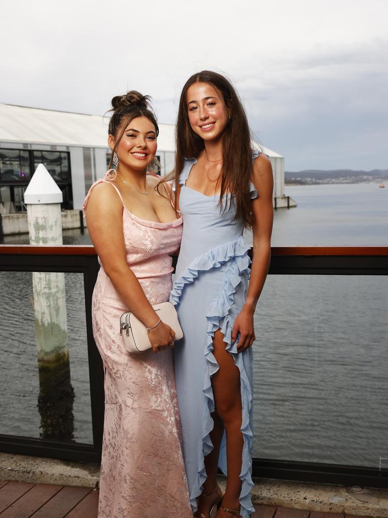 Sienna Woodford and Ella Atkins. Fahan School leavers dinner 2023 at Franklin Wharf. Picture: Nikki Davis-Jones