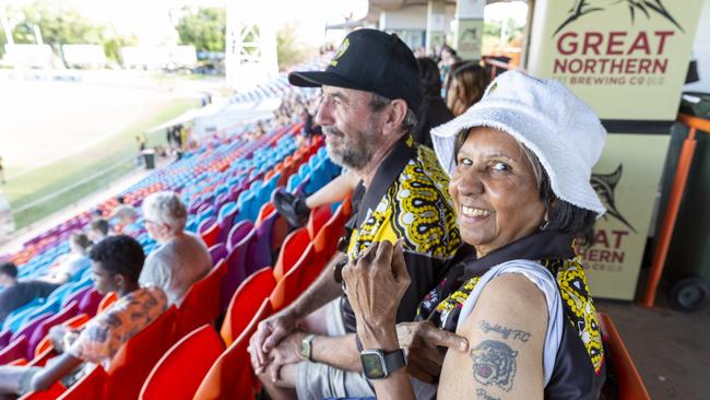 Former Nightcliff Tigers president Jeff Borella and First Lady Dianne Borella at the NTFL prelim finals on Saturday afternoon. Picture: Floss Adams.