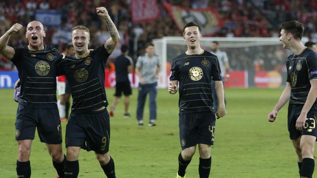 Celtic players celebrate after beating Hapoel Beersheba in the Champions League.