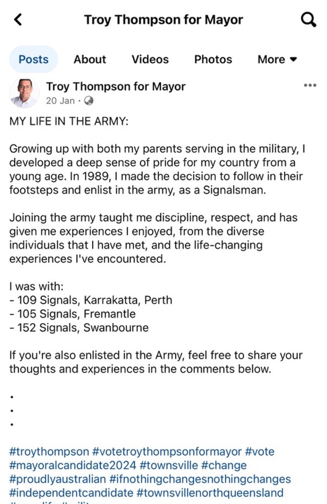 Troy Thompson's 'My Life in the Army' post on his campaign page, which has since been deleted.