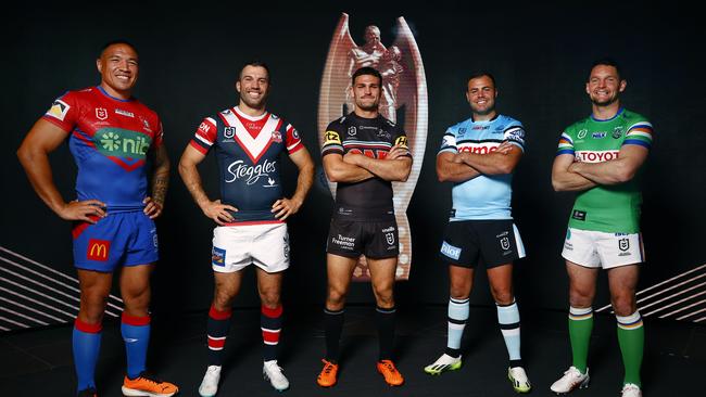 Team captains Tyson Frizell from the Newcastle Knights, James Tedesco from the Sydney Roosters, Nathan Cleary from the Penrith Panthers, Wade Graham from the Cronulla Sharks and Jarrod Croker from the Canberra Raiders at the NRL finals series launch. Picture: Richard Dobson.