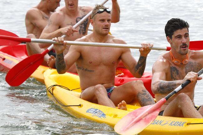 Gold Coast Suns players Brandon Ellis (back) and Alex Sexton (front) training at Palm Beach. Picture: Tertius Pickard