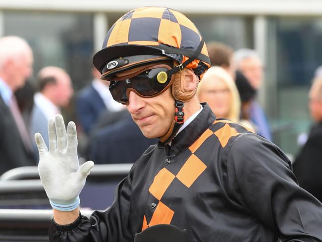 Blake Shinn after winning the Inside Run Trophy at Flemington Racecourse on August 03, 2024 in Flemington, Australia. (Photo by Brett Holburt/Racing Photos via Getty Images)