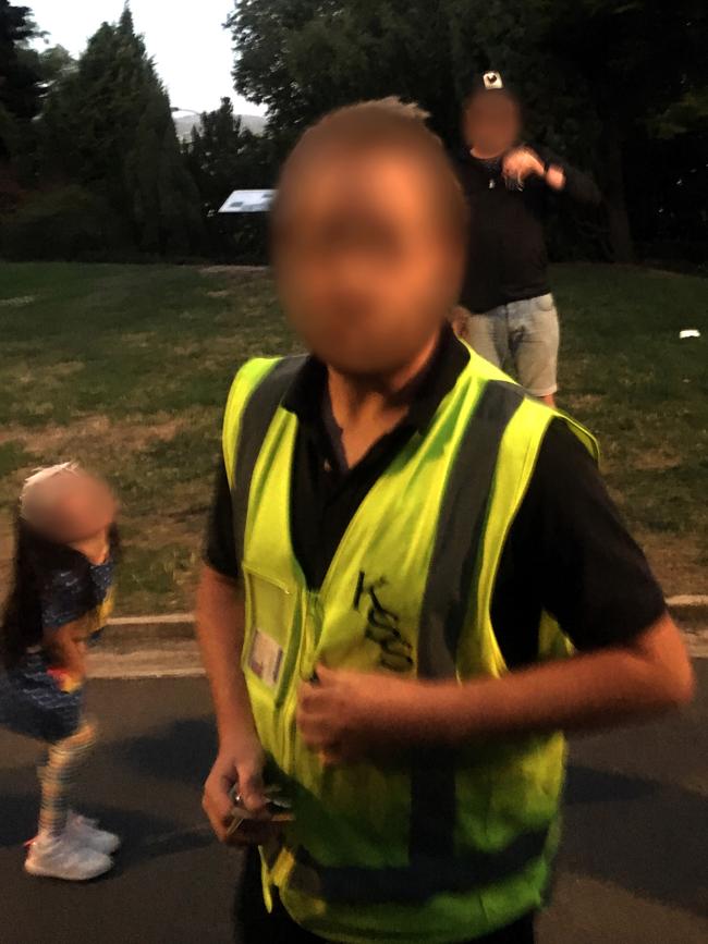 A security officer arrives to lock the public toilets in Princes Park, Battery Point, on New Year’s Eve. Picture: SUPPLIED