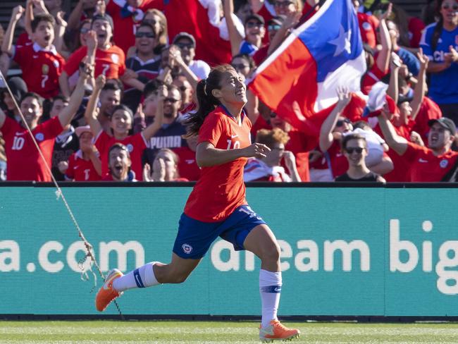 Yesenia Huenteo of Chile celebrates after scoring during the first International friendly match between the Australia Matildas and Chile at Panthers Stadium in Sydney, Saturday, November 10, 2018. (AAP Image/Craig Golding) NO ARCHIVING, EDITORIAL USE ONLY