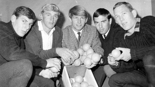 Russell Ebert (left) in 1968 poses with Port Adelaide footballers from River Murray fruit-growing districts Bruce Light (Waikerie), Peter Yeo (Barmera), Neville Thiele and Ron Elleway (Berri).