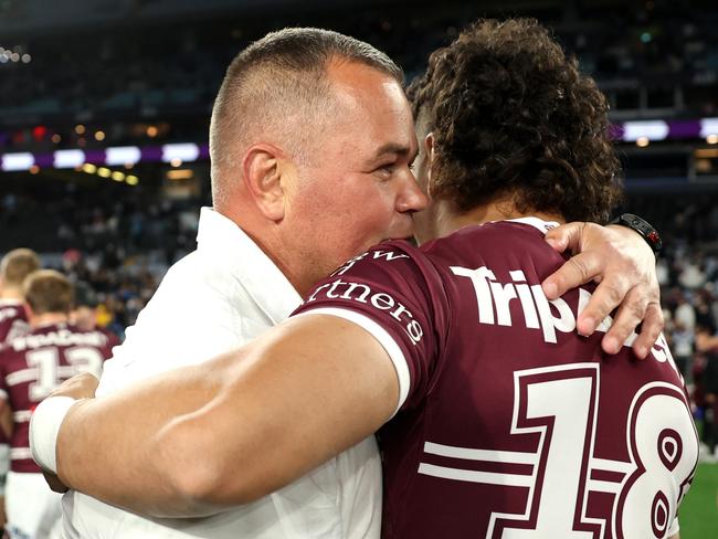 SYDNEY, AUSTRALIA - SEPTEMBER 15: Anthony Seibold head coach of the Sea Eagles celebrates with Clayton Faulao of the Sea Eagles after winning the NRL Qualifying Final match between Canterbury Bulldogs and Manly Sea Eagles at Accor Stadium on September 15, 2024 in Sydney, Australia. (Photo by Cameron Spencer/Getty Images)