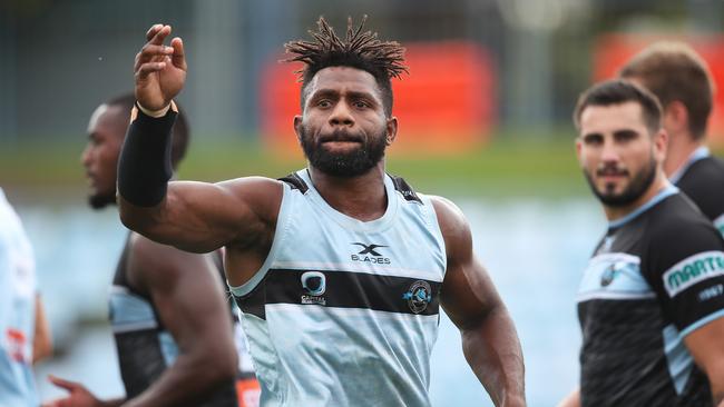 James Segeyaro during his first training session with the Sharks. Picture: Phil Hillyard