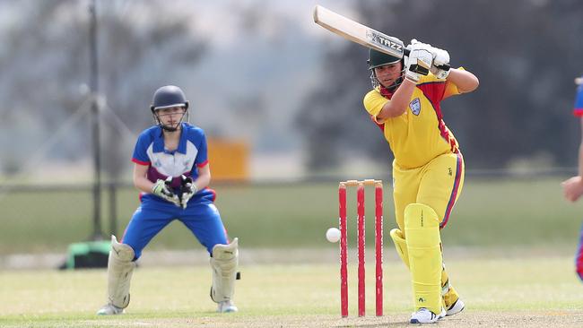 Amelia Valdez on the front foot for Greater Illawarra at the U19 Country Cricket Championships, September 2023. Picture: Sue Graham