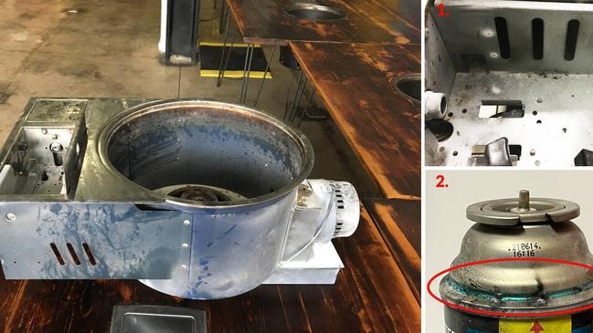 The barbecue appliance used in the Little Miss Korea explosion. Insert 1. The vented cartridge compartment. Insert 2. The release vents are exposed on the gas cartridge indicating the CRV safety device activated. Picture: Supplied.