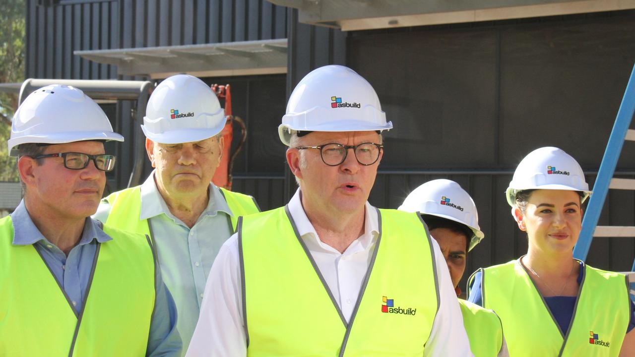 Solomon MP Luke Gosling, Aboriginal Peak Organisations Northern Territory convenor Dr John Paterson, Prime Minister Anthony Albanese, Lingiari MP Marion Scrymgour, and NT Chief Minister Lia Finocchiaro in Alice Springs on Friday. Picture: Gera Kazakov