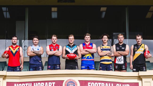 Banjos SFL Season Launch: Jono Bullock, Dodges Ferry. Jack Gleeson, Lindisfarne. Samuel Lewis-Johnson, Brighton. Lachy Watt, Cygnet. James McIndoe, Huonville. Jeremiah Perkins, Sorrel. Josh Farrow, New Norfolk. Brad Joseph, Tigers. Picture: Linda Higginson