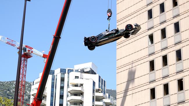 Hamilton’s car hanging in the air. (Photo by Peter Fox/Getty Images)