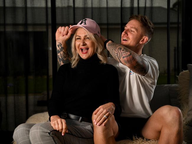 Carol Hartlett photographed with her son, Port Adelaide’s vice-captain Hamish. Picture: Tricia Watkinson.