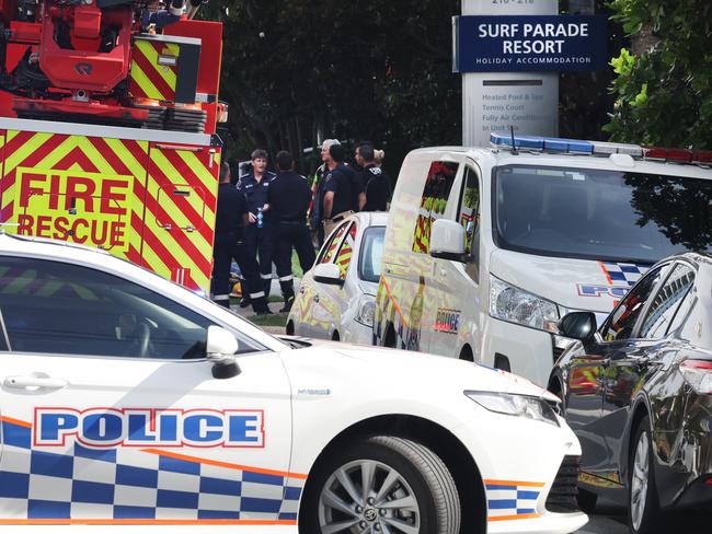 Emergency Services and Police on scene of a fire in a unit complex in Surf Parade Surfers Paradise. The area was declared a crime scene. Picture Glenn Hampson