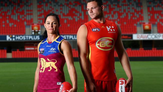 Leah Kaslar from the Brisbane Lions WAFL team squares off with Steven May. Picture: Adam Head