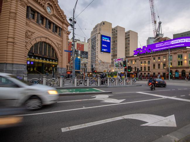 New turning and pedestrian crossing restrictions in Melbourne's CBD corner of Swanston and Flinders Street in front of Flinders Street Station. Picture: Jason Edwards