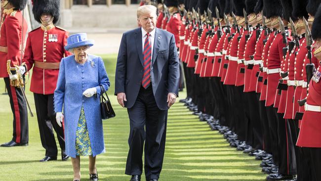 The Queen wearing a funeral brooch to meet the US President Trump in 2018. Picture: Richard Pohle – WPA Pool/Getty Images.