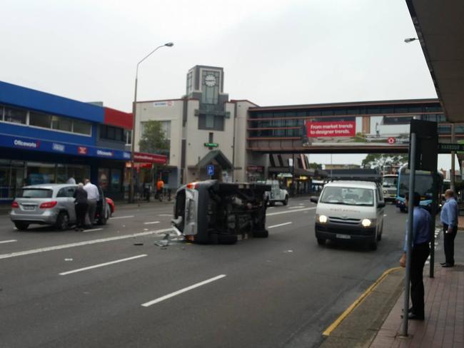 The three-car collision in Military Rd, Mosman, this morning. Picture: Cal Tobin