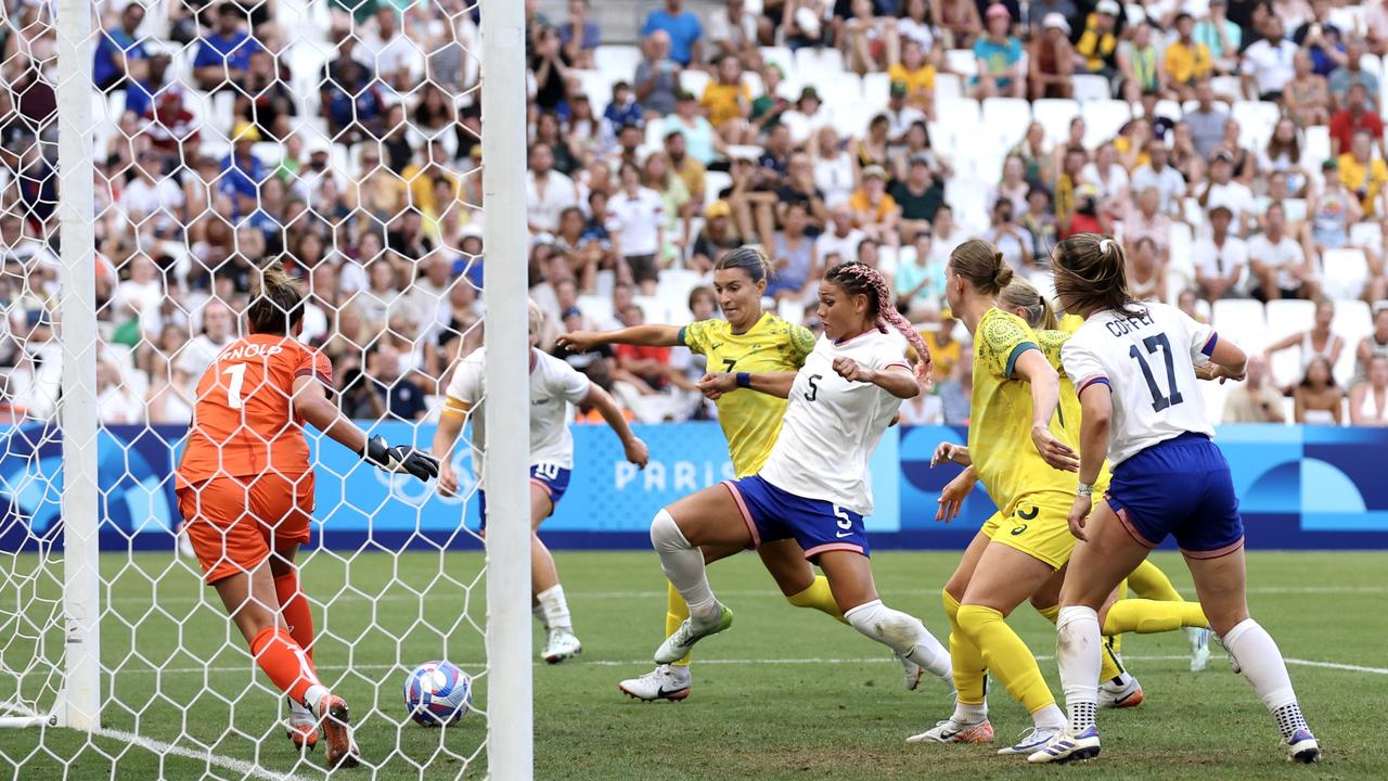 Trinity Rodman #5 of Team United States scores her team's first goal during the Women's group B match between Australia and United States. (Photo by Alex Livesey/Getty Images)