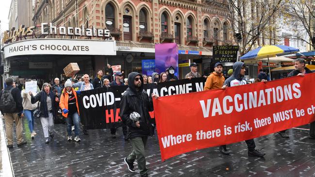 A rally in Adelaide protesting against vaccinations. Picture: Keryn Stevens