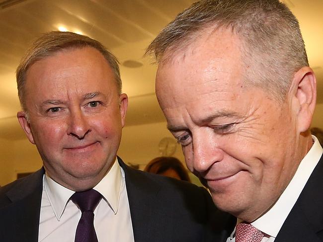 Opposition Leader Anthony Albanese and Former Leader Bill Shorten in the Labor caucus meeting at Parliament House House in Canberra. Picture Kym Smith