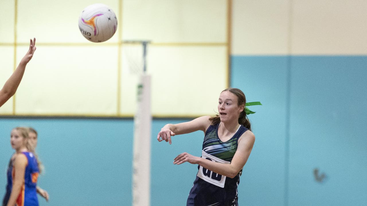 Molly Toms of St Ursula's Senior B against Downlands Second VII in Merici-Chevalier Cup netball at Salo Centre, Friday, July 19, 2024. Picture: Kevin Farmer