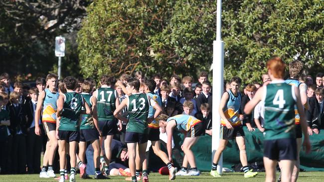 Patrick Shirlow was concussed in Geelong College’s win over Geelong Grammar. Picture: Alan Barber