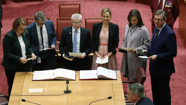 Queensland Senators (L-R) Nita Green, Gerard Rennick, Malcolm Roberts, Larissa Waters, Susan McDonald and Paul Scarr are officially sworn in at the Opening of the 46th Parliament at Parliament House in Canberra. Picture Gary Ramage