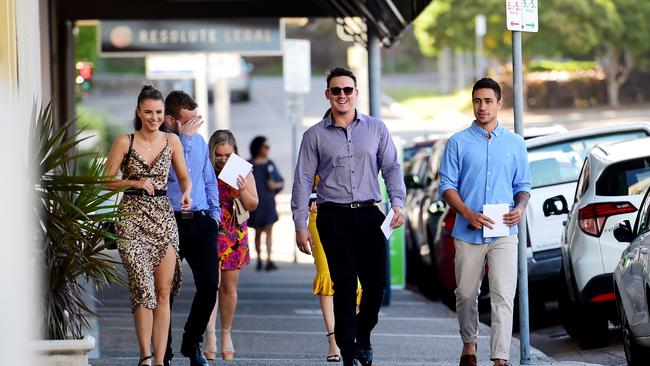 Townsville junior and NFL bound Valentine Holmes marries high school sweetheart Natalia O'Toole in Townsville. Former school mates Cade Maloney and Paul Byrnes are among the guests of the wedding. Picture: Alix Sweeney