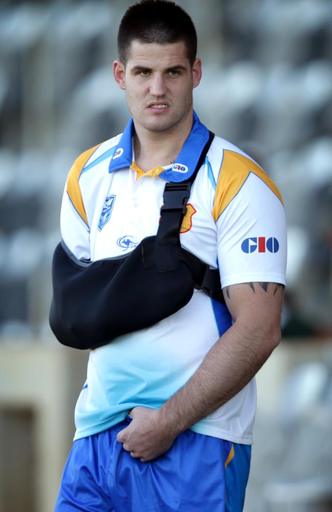 Simon Dwyer still has to wear his right arm in a sling. Pic: Gregg Porteous