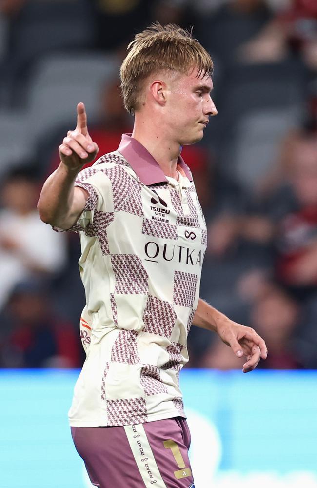 Thomas Waddingham celebrates scoring a goal for Brisbane Roar. Picture: Getty Images