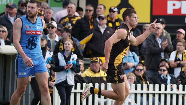 Glenelg star Matthew Allen celebrates one of his six goals against Sturt. Picture: SANFL Image/David Mariuz