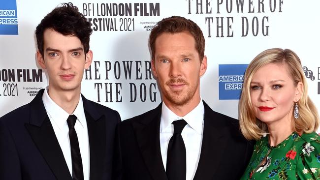 LONDON, ENGLAND - OCTOBER 11: Kodi Smit-McPhee, Kirsten Dunst and Benedict Cumberbatch attend "The Power Of The Dog" UK Premiere during the 65th BFI London Film Festival at The Royal Festival Hall on October 11, 2021 in London, England. (Photo by Dave J Hogan/Getty Images)