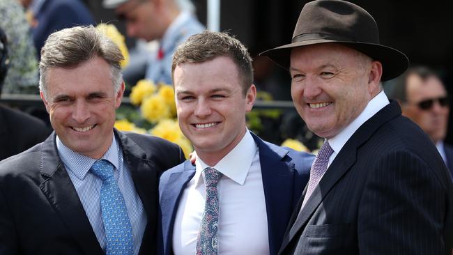 Dabernig with Ben and David Hayes at Flemington after winning the Queen Elizabeth Stakes. Picture: Michael Klein