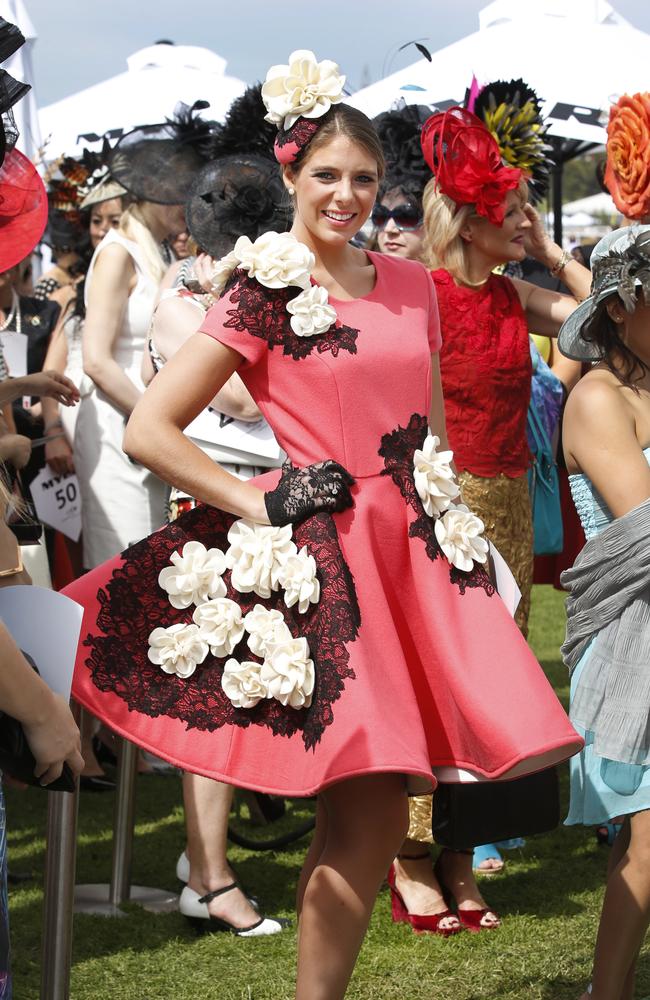 Melbourne Cup Day 2014 Myer Fashion in the Field at Flemington Racecourse. Annabelle Anderson wearing a Shannon Harding design. Picture: David Caird.