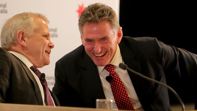 Ross McEwan with NAB chair Phil Chronican, left, at the press conference in 2019 to announce McEwan’s appointment as CEO. Picture: Stuart McEvoy