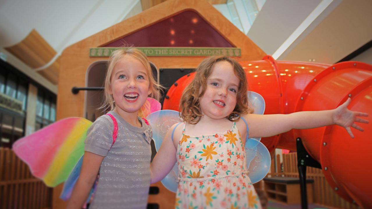 PLAY TIME: The Secret Garden playground has officially opened at Grand Central this week, with children and parents delighted to have such a magical little park now available inside the shopping centre. Liana Foden (left) and Theia Russell, both four, thoroughly enjoyed playing in the Secret Garden at the official opening on Thursday, March 11 2021. Picture: Kate McCormack