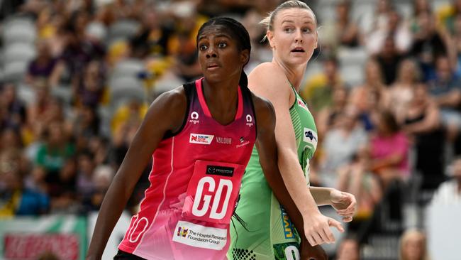 Latanya Wilson competes for the ball against Sasha Glasgow of the Fever during the 2023 Team Girls Cup final. Photo: Getty Images