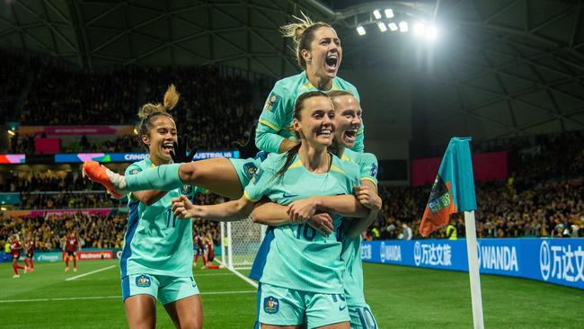 Hayley Raso celebrates after scoring her second goal in Australia’s emphatic 4-0 win over reigning Olympic champions Canada. Picture: Will Murray / Getty Images