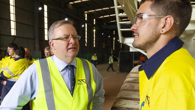 Anthony Albanese with apprentice Tristan Anderson, 22, at mining services firm CSI at Kwinana, Perth, on Monday. Picture: Sean Middleton