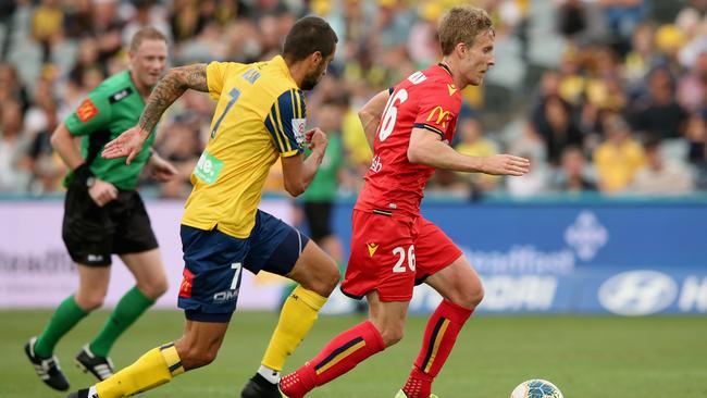 Ben Halloran inspired Adelaide United to its fourth-straight win in all competitions with an standout display against Central Coast. Picture: Ashley Feder/Getty Images