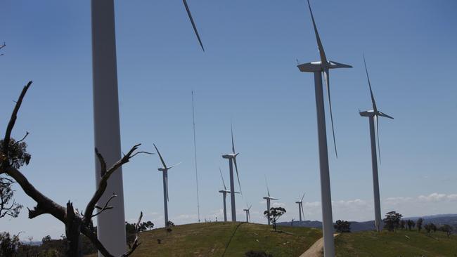 Wind turbines, such as these at a wind farm at Crookwell in NSW, are increasingly the punch lines to a joke.