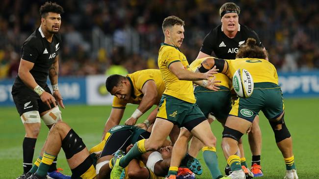 Wallabies halfback Nic White often utilises the box-kick tactic