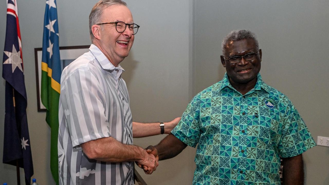 Prime Minister Anthony Albanese with Solomon Islands Prime Minister Manasseh Sogavare during a bilateral meeting at the Pacific Islands Forum. Picture: Joe Armao/AFP