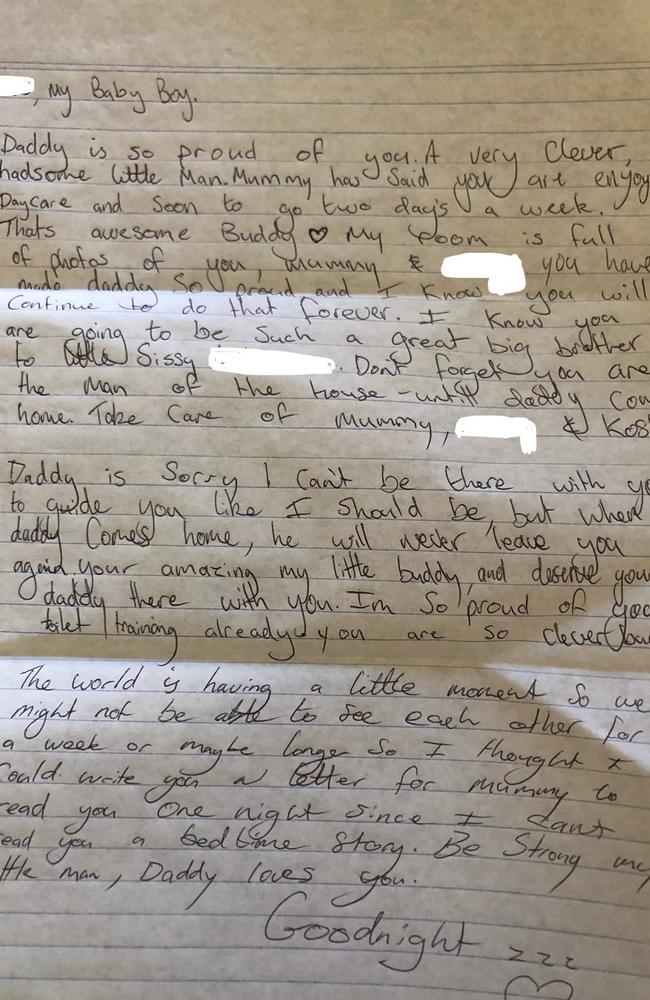 A letter from Josh telling his child he is unable to see him due to COVID-19 prison restrictions. Picture: Supplied.