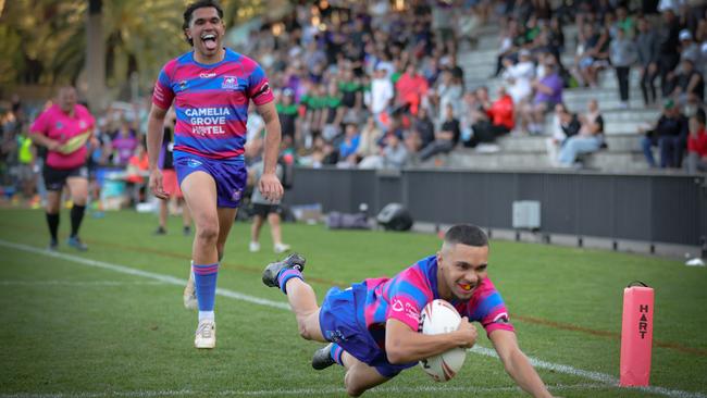 Kieren Mundine scores with a very happy Craig McKenzie following behind.Picture: Adam Wrightson Photography. Souths Juniors Grand Final DaySouths Juniors Rugby League - A Grade.Grand Final.Alexandria Rovers vs Coogee Randwick WombatsRedfern Oval, Redfern, 3:40pm.8 September 2024.