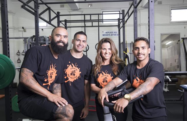Supporting the Cycle To End The Cycle are organiser Kevin Heath, Rabbitohs player Cody Walker, major sponsor Marnie Seinor and Australian Sevens player Maurice Longbottom. Picture: Quentin Jones