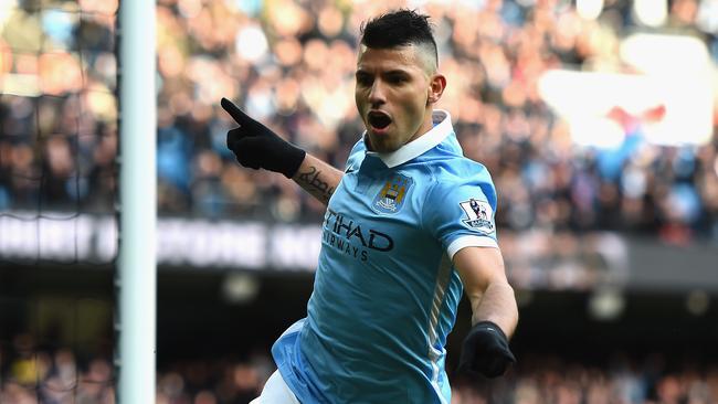 MANCHESTER, ENGLAND - MARCH 05: Sergio Aguero of Manchester City celebrates scoring his team's third goal during the Barclays Premier League match between Manchester City and Aston Villa at Etihad Stadium on March 5, 2016 in Manchester, England. (Photo by Laurence Griffiths/Getty Images)