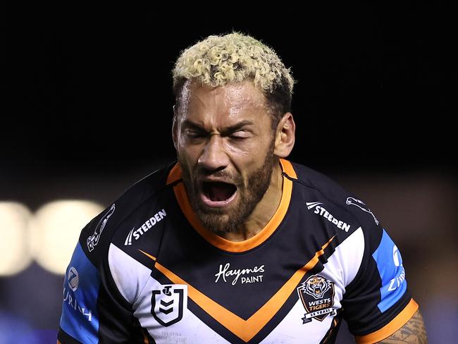 SYDNEY, AUSTRALIA - JULY 12: Apisai Koroisau of the Wests Tigers reacts after being sent to the sin-bin during the round 19 NRL match between Cronulla Sharks and Wests Tigers at PointsBet Stadium on July 12, 2024, in Sydney, Australia. (Photo by Brendon Thorne/Getty Images)